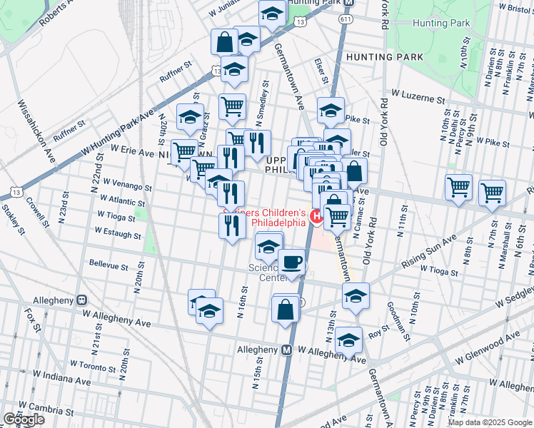 map of restaurants, bars, coffee shops, grocery stores, and more near 3548 North Sydenham Street in Philadelphia