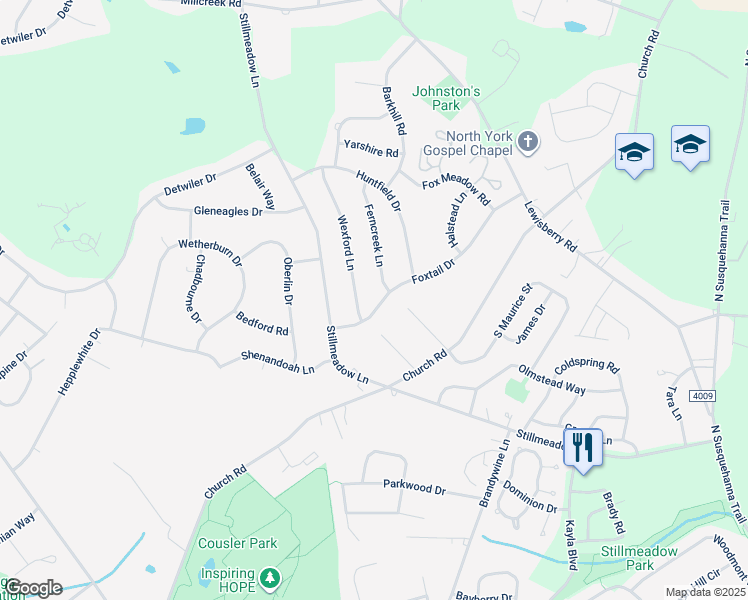 map of restaurants, bars, coffee shops, grocery stores, and more near 765 Foxtail Drive in York