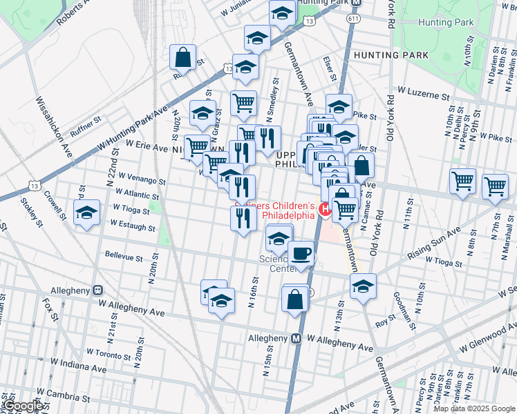 map of restaurants, bars, coffee shops, grocery stores, and more near 3545 North Smedley Street in Philadelphia