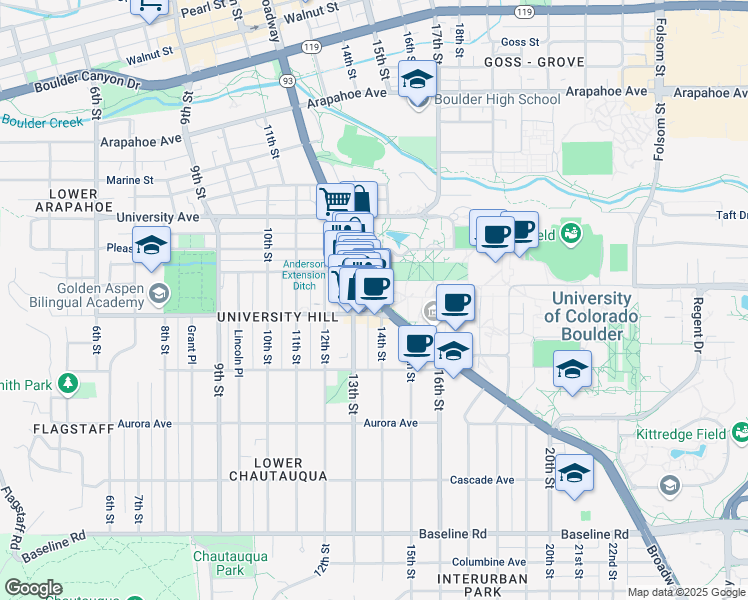 map of restaurants, bars, coffee shops, grocery stores, and more near 1130 13th Street in Boulder
