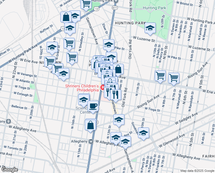 map of restaurants, bars, coffee shops, grocery stores, and more near 1328 West Victoria Street in Philadelphia