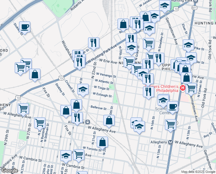 map of restaurants, bars, coffee shops, grocery stores, and more near 2029 West Tioga Street in Philadelphia