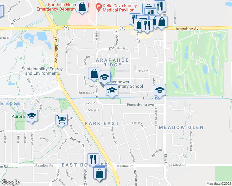 map of restaurants, bars, coffee shops, grocery stores, and more near 5011 Ellsworth Place in Boulder