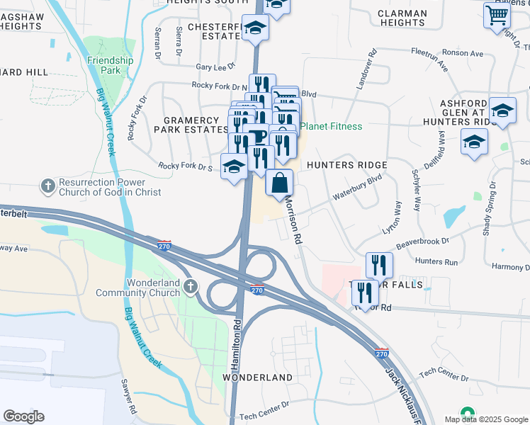 map of restaurants, bars, coffee shops, grocery stores, and more near 460 Waterbury Court in Gahanna