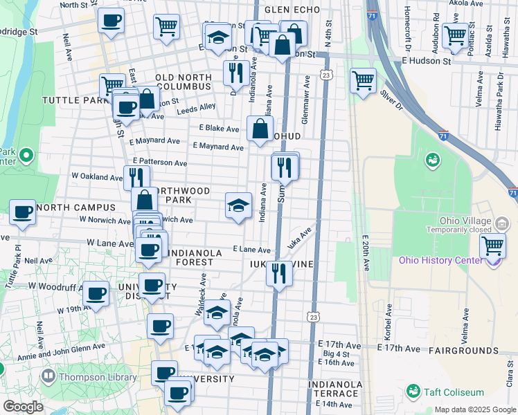 map of restaurants, bars, coffee shops, grocery stores, and more near 2177 Indiana Avenue in Columbus