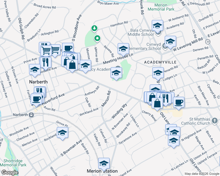 map of restaurants, bars, coffee shops, grocery stores, and more near Montgomery Ave & Merion Rd in Montgomery
