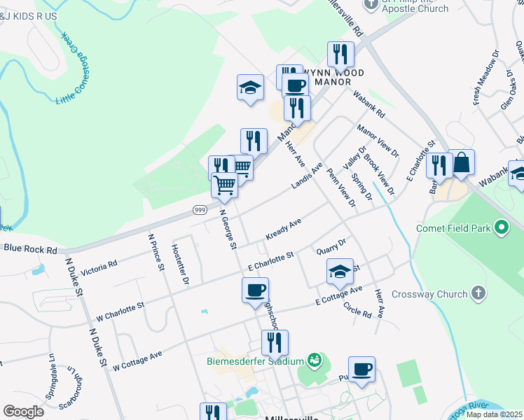 map of restaurants, bars, coffee shops, grocery stores, and more near 62 Landis Avenue in Millersville