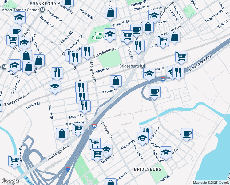 map of restaurants, bars, coffee shops, grocery stores, and more near 2307 Buckius Street in Philadelphia