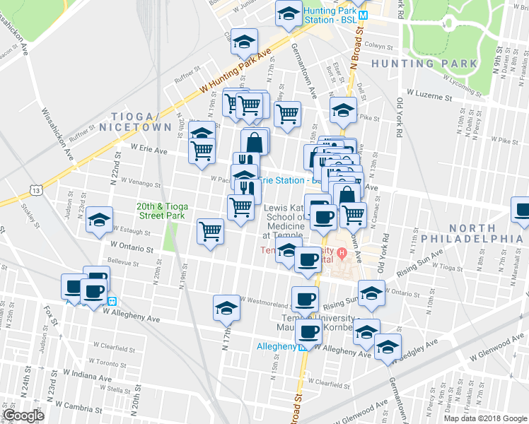 map of restaurants, bars, coffee shops, grocery stores, and more near 3543 North Smedley Street in Philadelphia