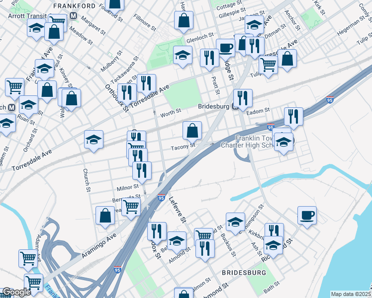 map of restaurants, bars, coffee shops, grocery stores, and more near 4769 Tacony Street in Philadelphia