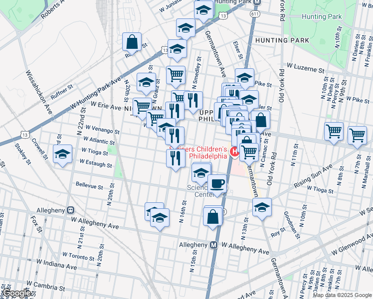 map of restaurants, bars, coffee shops, grocery stores, and more near 3543 North Smedley Street in Philadelphia
