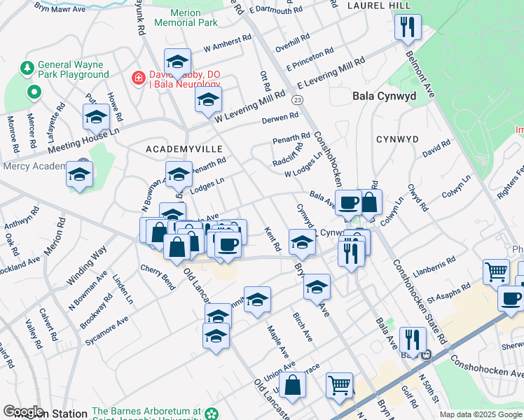 map of restaurants, bars, coffee shops, grocery stores, and more near 334 Kent Road in Bala Cynwyd