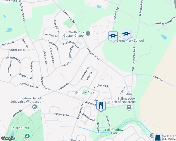 map of restaurants, bars, coffee shops, grocery stores, and more near 650 South Maurice Street in York