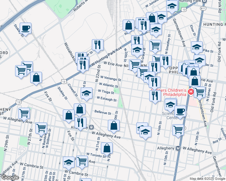 map of restaurants, bars, coffee shops, grocery stores, and more near 2029 West Tioga Street in Philadelphia