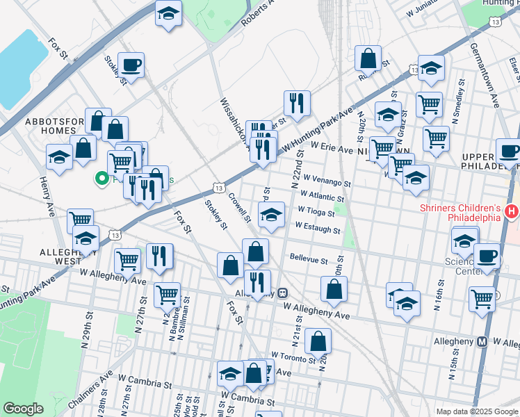 map of restaurants, bars, coffee shops, grocery stores, and more near 3444 North 23rd Street in Philadelphia