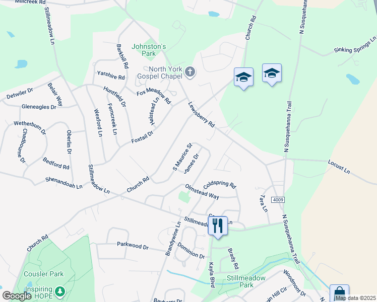 map of restaurants, bars, coffee shops, grocery stores, and more near 650 South Maurice Street in York