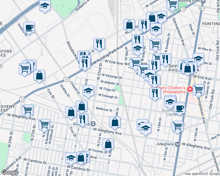 map of restaurants, bars, coffee shops, grocery stores, and more near 2047 West Tioga Street in Philadelphia