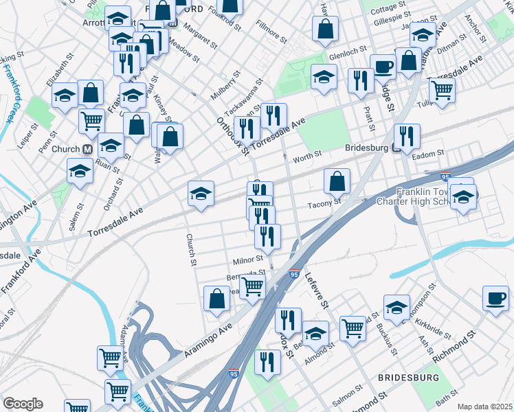 map of restaurants, bars, coffee shops, grocery stores, and more near 2217 Orthodox Street in Philadelphia