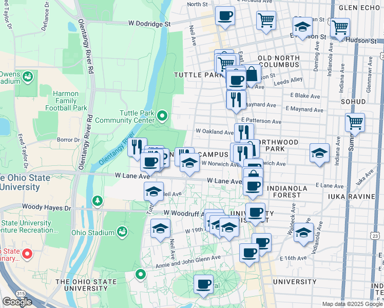 map of restaurants, bars, coffee shops, grocery stores, and more near 2259 Neil Avenue in Columbus