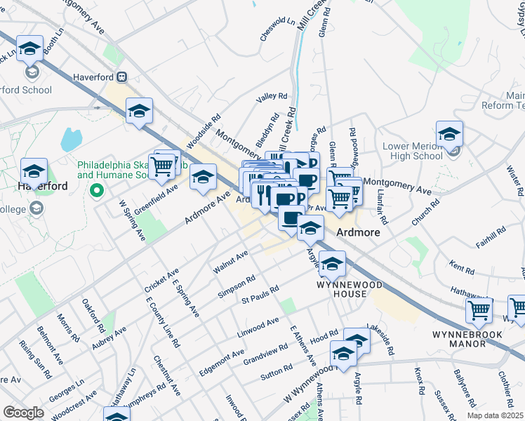 map of restaurants, bars, coffee shops, grocery stores, and more near 5 East Lancaster Avenue in Ardmore