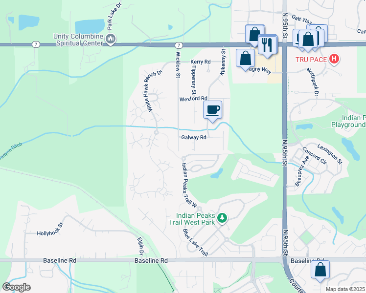 map of restaurants, bars, coffee shops, grocery stores, and more near 1231 Tipperary Street in Boulder