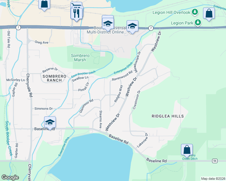 map of restaurants, bars, coffee shops, grocery stores, and more near 1126 Ravenwood Road in Boulder
