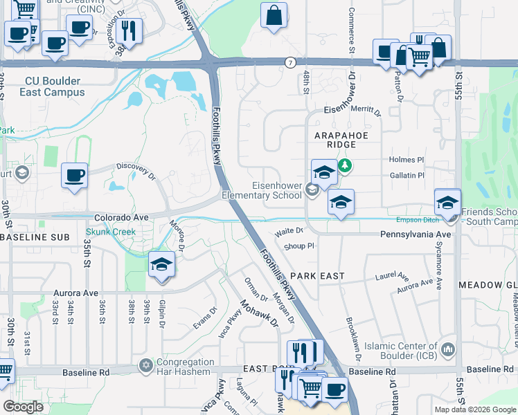 map of restaurants, bars, coffee shops, grocery stores, and more near 4725 Hancock Drive in Boulder