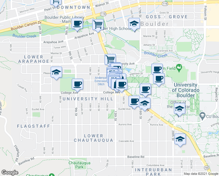 map of restaurants, bars, coffee shops, grocery stores, and more near 1139 12th Street in Boulder