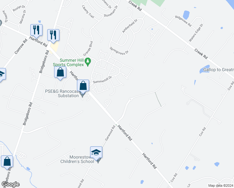 map of restaurants, bars, coffee shops, grocery stores, and more near 54 Snowberry Lane in Delran
