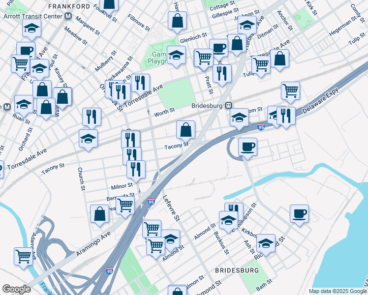 map of restaurants, bars, coffee shops, grocery stores, and more near 4801 Tacony Street in Philadelphia
