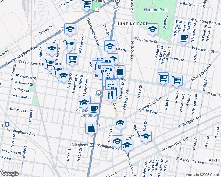 map of restaurants, bars, coffee shops, grocery stores, and more near 1328 West Victoria Street in Philadelphia