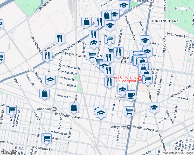 map of restaurants, bars, coffee shops, grocery stores, and more near 3532 North Gratz Street in Philadelphia