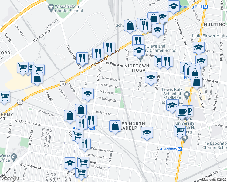 map of restaurants, bars, coffee shops, grocery stores, and more near 2001 West Tioga Street in Philadelphia