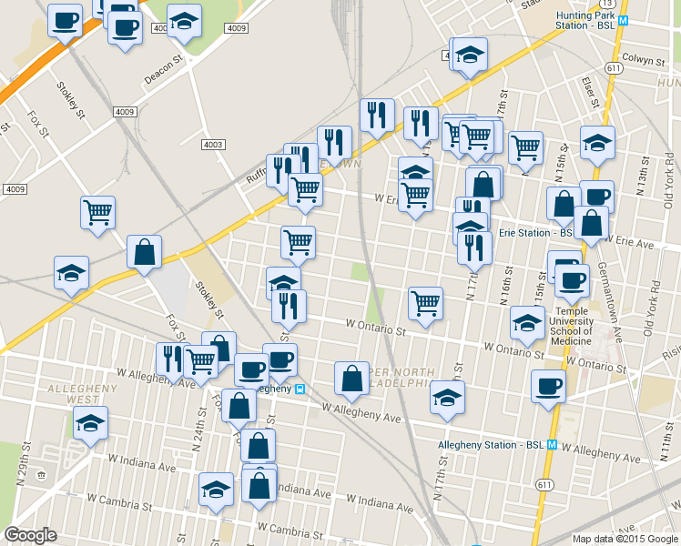 map of restaurants, bars, coffee shops, grocery stores, and more near 2103 West Tioga Street in Philadelphia