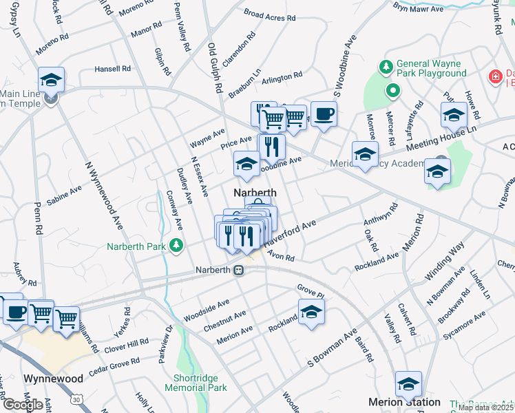 map of restaurants, bars, coffee shops, grocery stores, and more near in Narberth