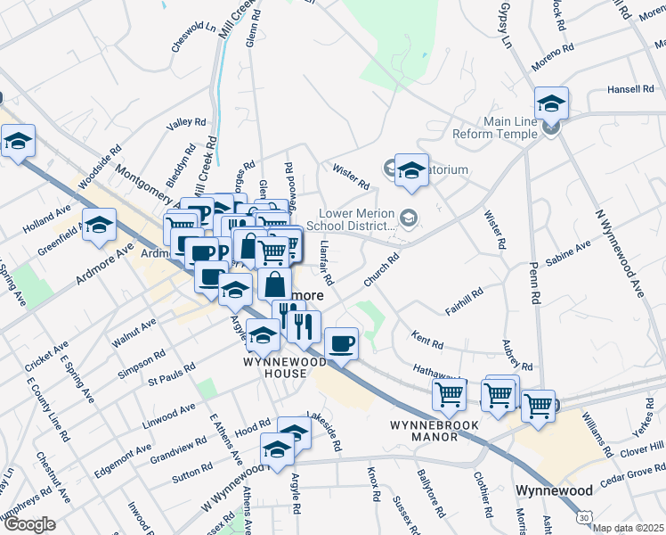 map of restaurants, bars, coffee shops, grocery stores, and more near 47 Llanfair Road in Ardmore