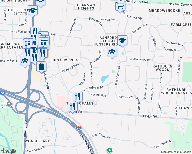 map of restaurants, bars, coffee shops, grocery stores, and more near 418 Schyler Way in Gahanna