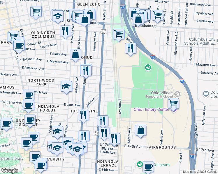 map of restaurants, bars, coffee shops, grocery stores, and more near 492 Alden Avenue in Columbus