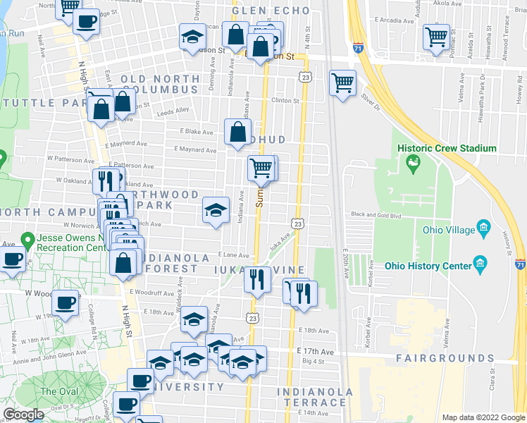 map of restaurants, bars, coffee shops, grocery stores, and more near 2181 Summit Street in Columbus