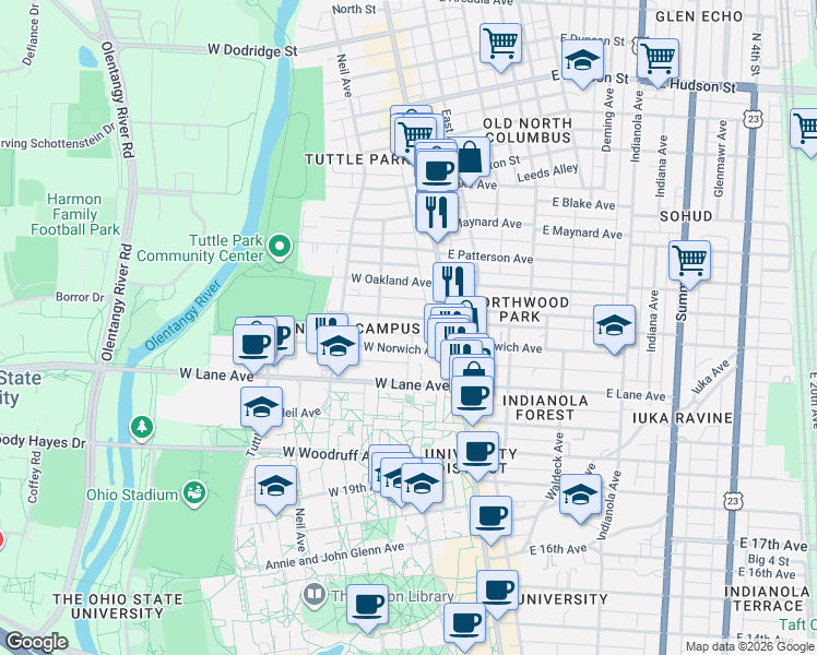 map of restaurants, bars, coffee shops, grocery stores, and more near 67 West Northwood Avenue in Columbus