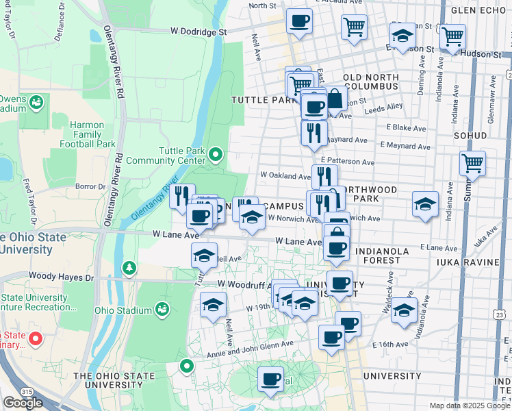 map of restaurants, bars, coffee shops, grocery stores, and more near in Columbus