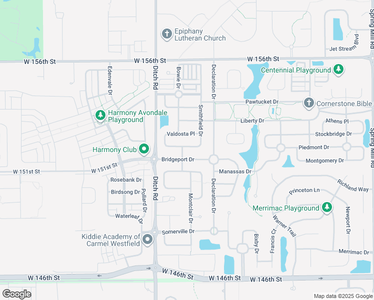map of restaurants, bars, coffee shops, grocery stores, and more near 15201 Smithfield Drive in Westfield