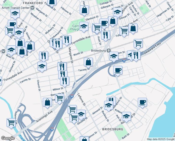 map of restaurants, bars, coffee shops, grocery stores, and more near 2307 Buckius Street in Philadelphia
