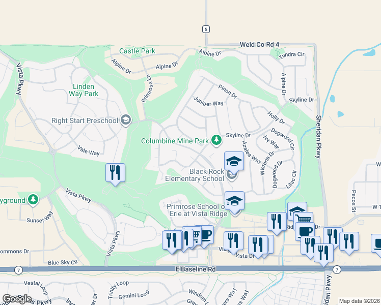 map of restaurants, bars, coffee shops, grocery stores, and more near 1420 Skyline Drive in Erie