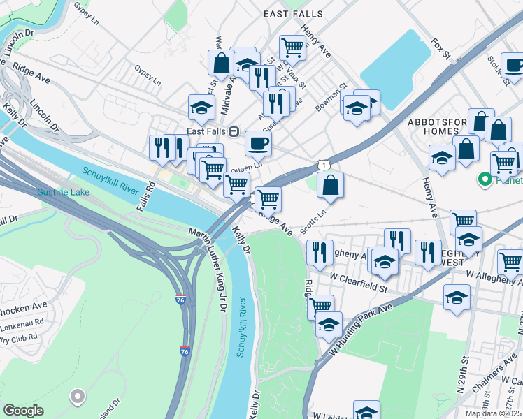 map of restaurants, bars, coffee shops, grocery stores, and more near 4041 Ridge Avenue in Philadelphia