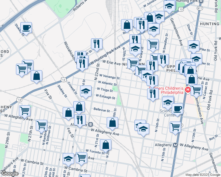 map of restaurants, bars, coffee shops, grocery stores, and more near 2033 West Tioga Street in Philadelphia