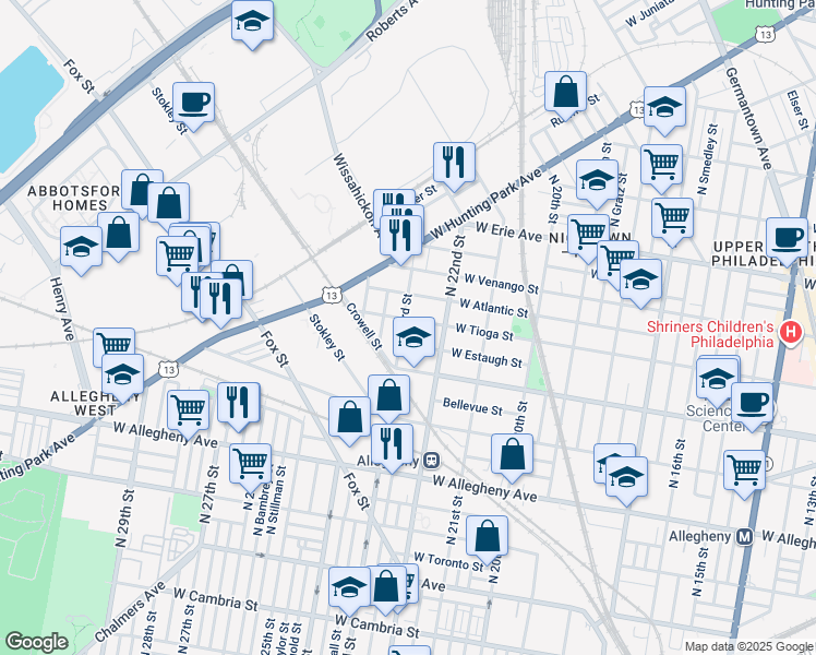 map of restaurants, bars, coffee shops, grocery stores, and more near 2230 West Tioga Street in Philadelphia