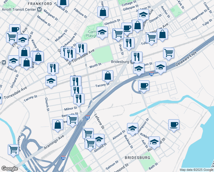 map of restaurants, bars, coffee shops, grocery stores, and more near 4801 Tacony Street in Philadelphia