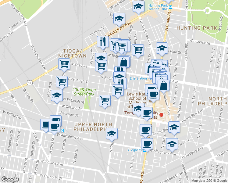 map of restaurants, bars, coffee shops, grocery stores, and more near 1725 West Atlantic Street in Philadelphia