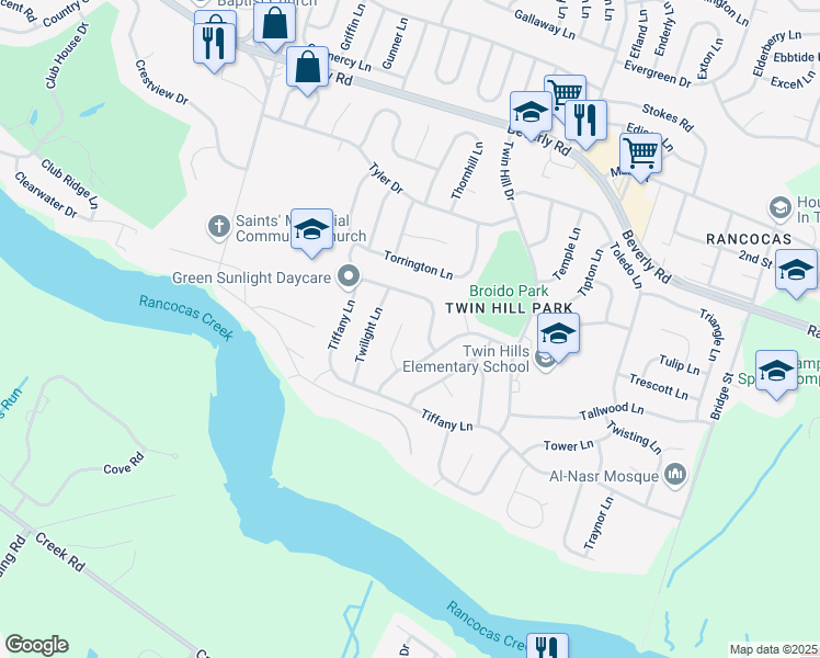 map of restaurants, bars, coffee shops, grocery stores, and more near 25 Thornleigh Place in Willingboro